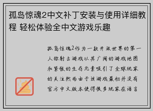 孤岛惊魂2中文补丁安装与使用详细教程 轻松体验全中文游戏乐趣
